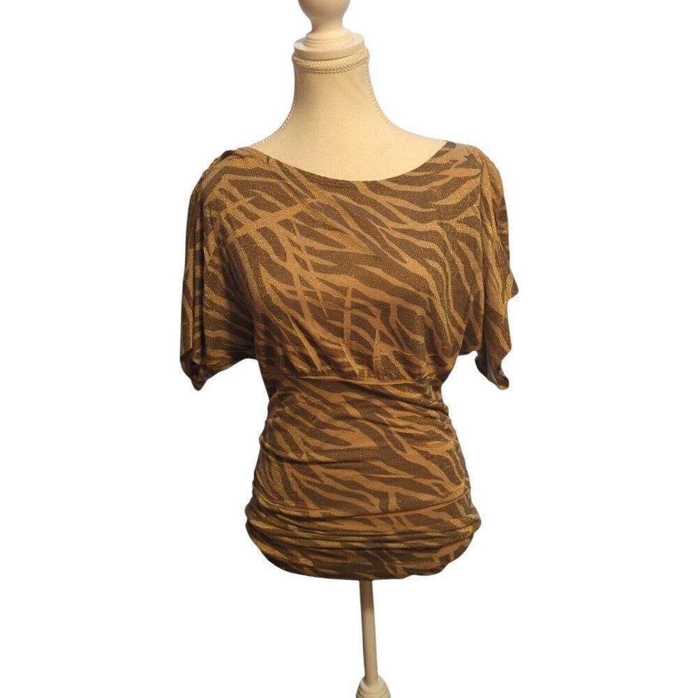 Gold Sparkle Animal Print Women's Size Medium Rush Side Balloon Sleeve Blouse